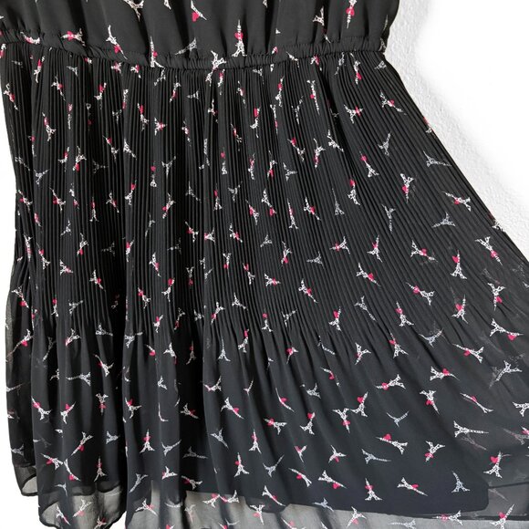 Elle Eiffel Tower Heart Print Black Pleated Mini Dress Womens Small Paris Retro - Picture 4 of 15
